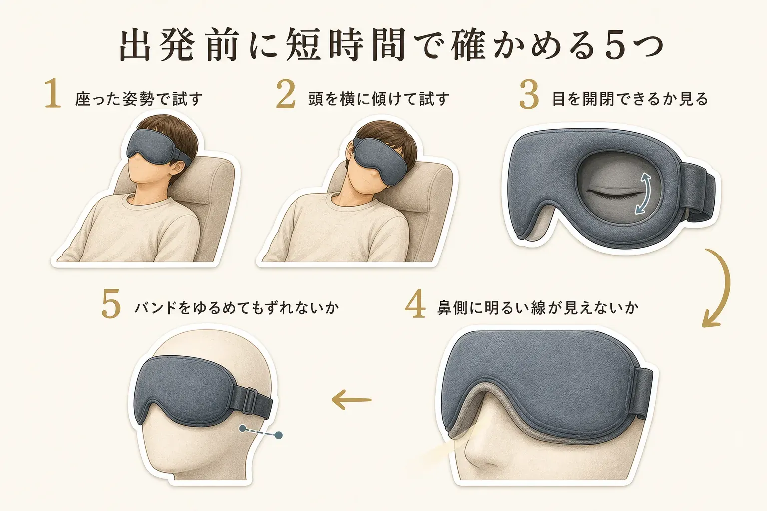 立体アイマスクを出発前に短時間で確かめる5項目を示す図。座った姿勢、頭を横に傾けた姿勢で試し、目を開閉できるか、鼻側に明るい線が見えないか、バンドをゆるめてもずれないかを確認する。
