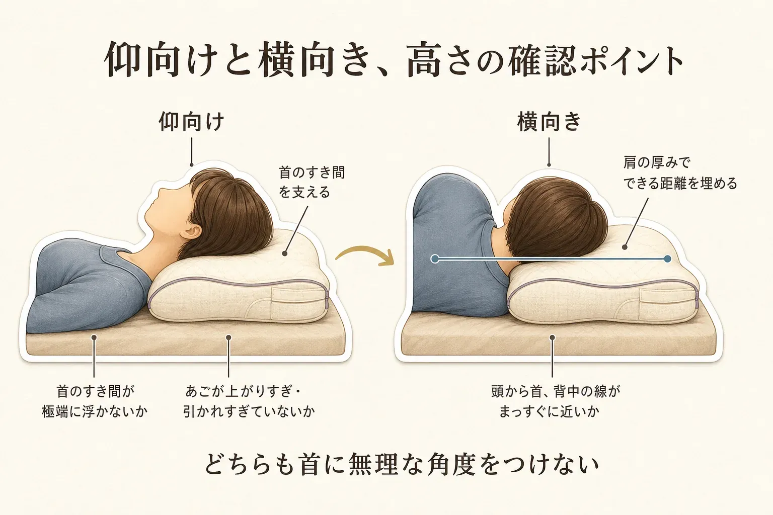 仰向けでは首のすき間を支えてあごの上がりすぎ・引かれすぎを確認し、横向きでは肩の厚み分の距離を埋めて頭・首・背中の線をまっすぐに近づける、枕の高さの確認ポイントを示した図。出典：日本ふとん協会「枕の選び方」