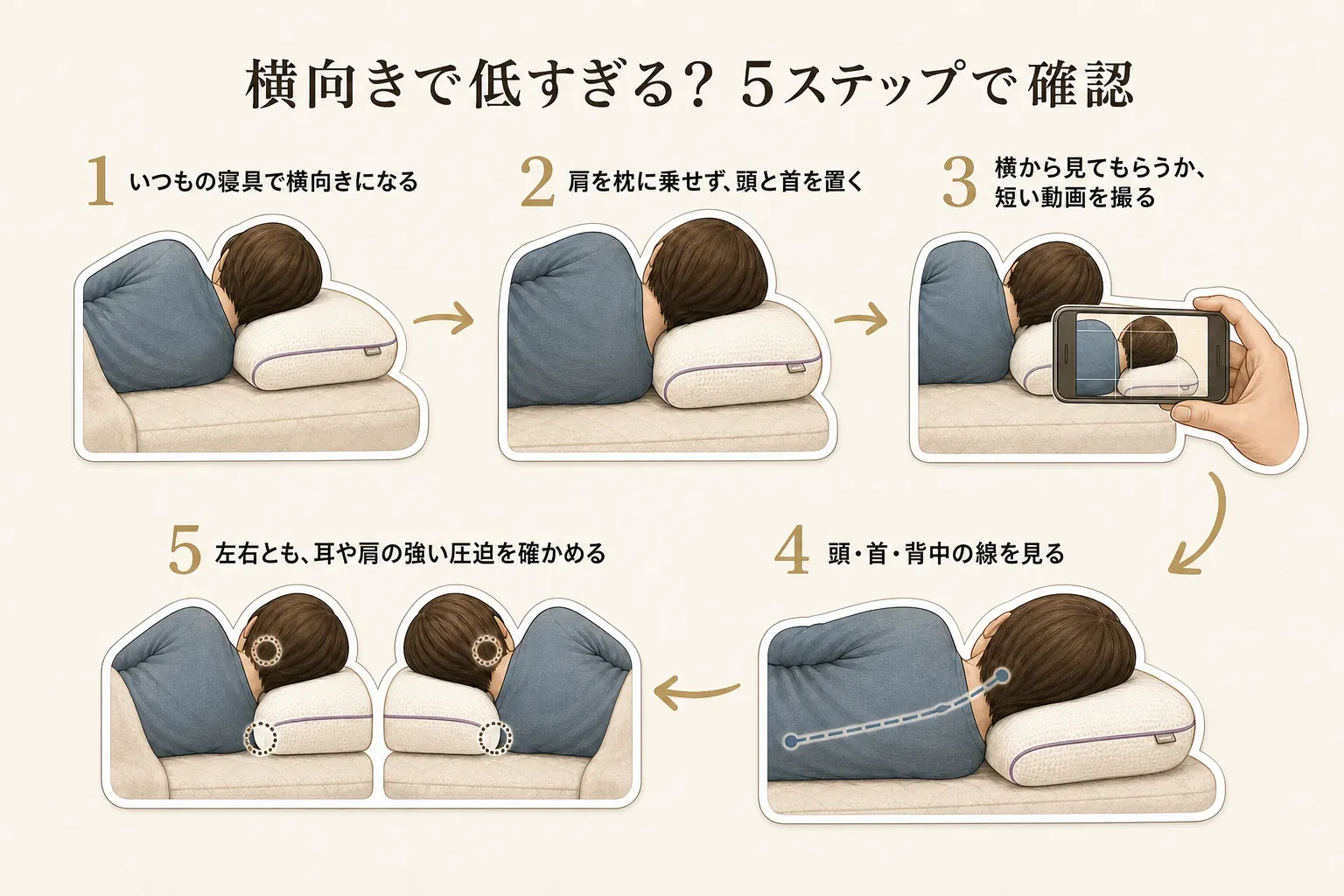 いつもの寝具で横向きになり、肩を枕に乗せず、横から見てもらうか動画を撮り、頭・首・背中の線を見て、左右の耳や肩の圧迫を確かめる、枕が低すぎないか確認する5ステップの図