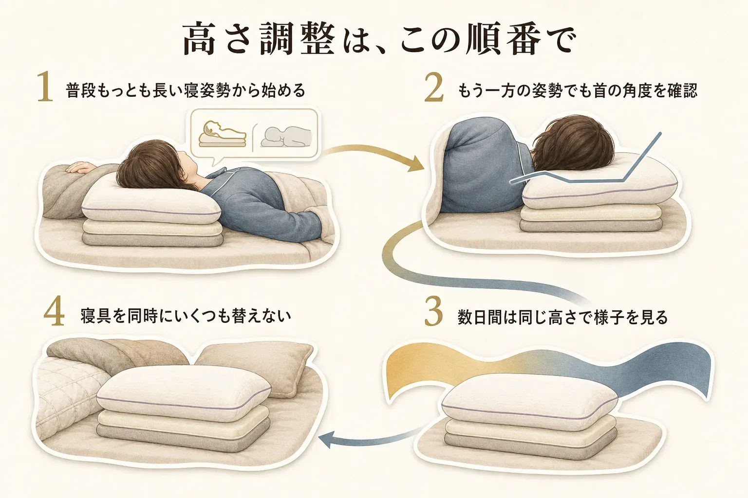 普段もっとも長い寝姿勢から始め、もう一方の姿勢でも首の角度を確認し、数日間は同じ高さで様子を見て、寝具を同時にいくつも替えないという枕の高さ調整の順序を示した図