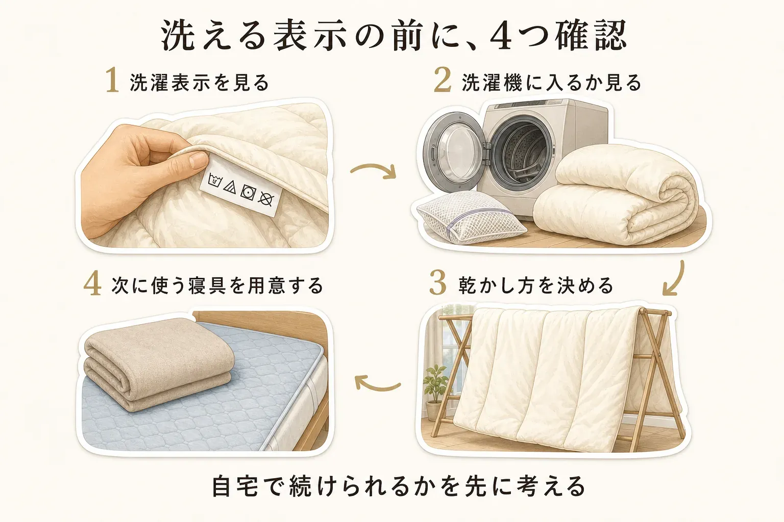 寝具の「洗える」表示を確認する前に、1. 洗濯表示を見る、2. 自宅の洗濯機に入るかを見る、3. 乾かし方を決める、4. 次に使う寝具を用意する、の4項目を示す図。