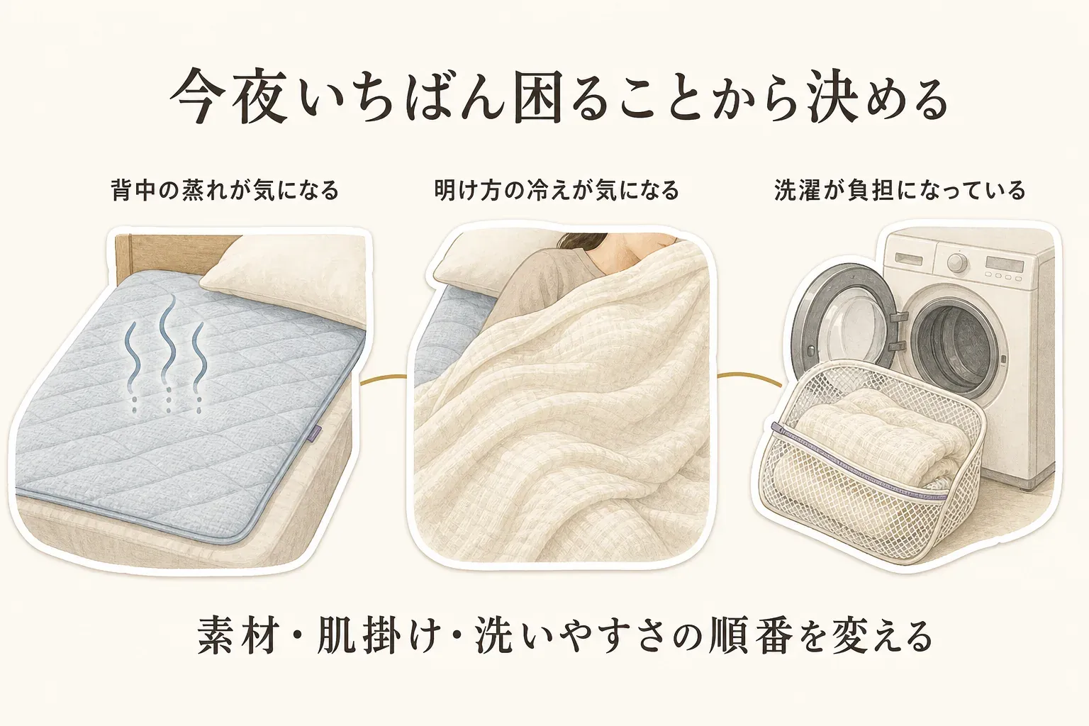 背中の蒸れが気になるときは敷きパッド、明け方の冷えが気になるときは肌掛け、洗濯が負担になっているときは洗濯のしやすさを優先し、困りごとに合わせて素材・肌掛け・洗いやすさの順番を変えることを示した図。