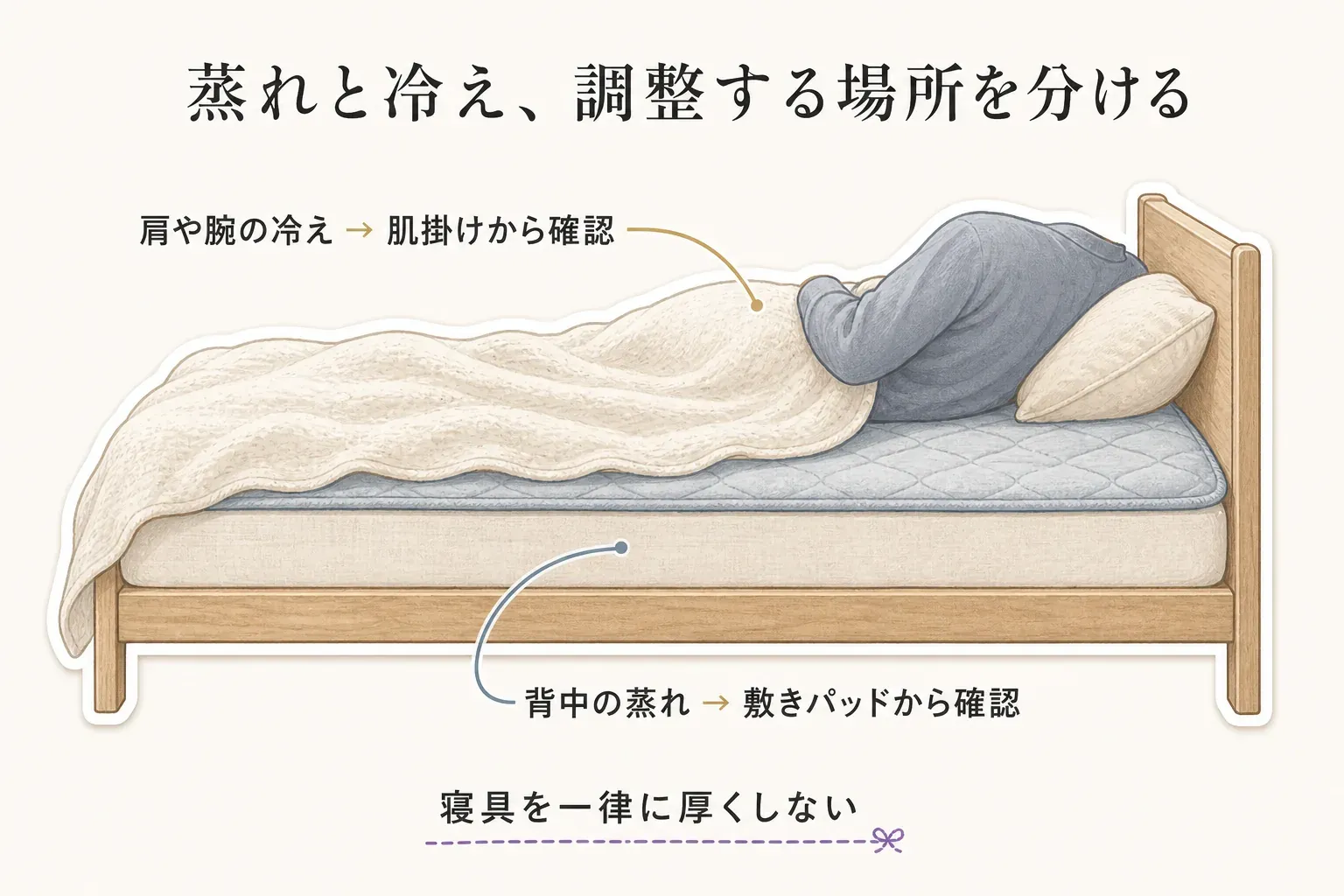 ベッドの背中側の蒸れは敷きパッドから確認し、肩や腕の冷えは肌掛けから確認するよう、蒸れと冷えで調整する寝具の場所を分け、寝具を一律に厚くしないことを示した図。