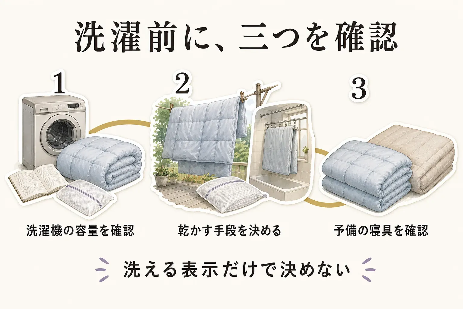 BAKUNE掛け布団を洗う前に、洗濯機の容量を確認し、乾かす手段を決め、洗濯中や乾燥中に使う予備の寝具を確認する三つの準備を示した図