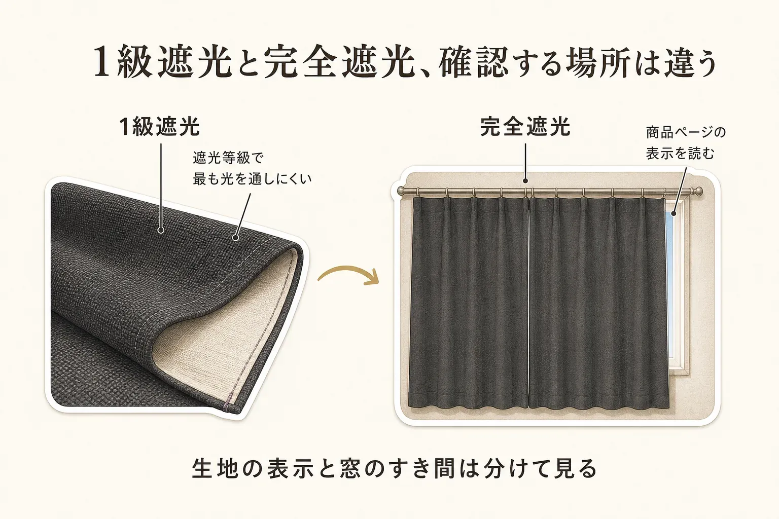1級遮光は遮光等級のなかで最も光を通しにくい生地の表示であり、完全遮光は商品ページの表示を確認すること、どちらも生地の表示と窓のすき間を分けて見ることを示した図。