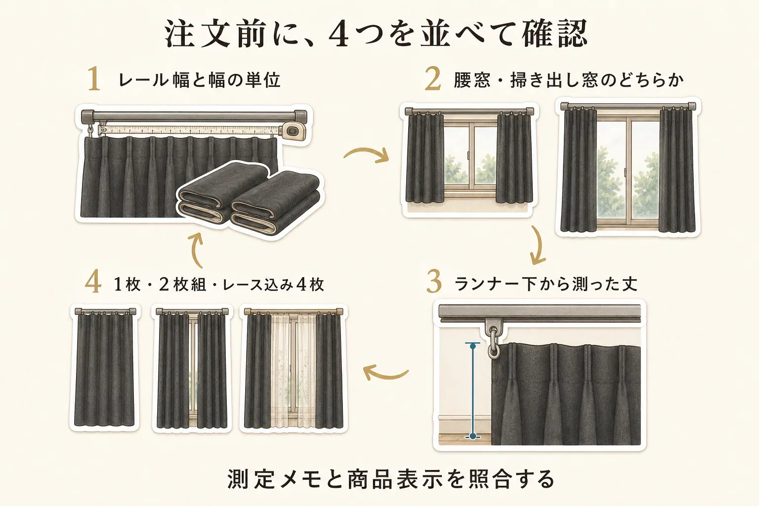 注文前に、レール幅と商品ページの幅の単位、腰窓か掃き出し窓か、ランナー下から測った丈、必要なセット内容が1枚・2枚組・レース込み4枚のどれかを並べて確認する4項目を示した図。
