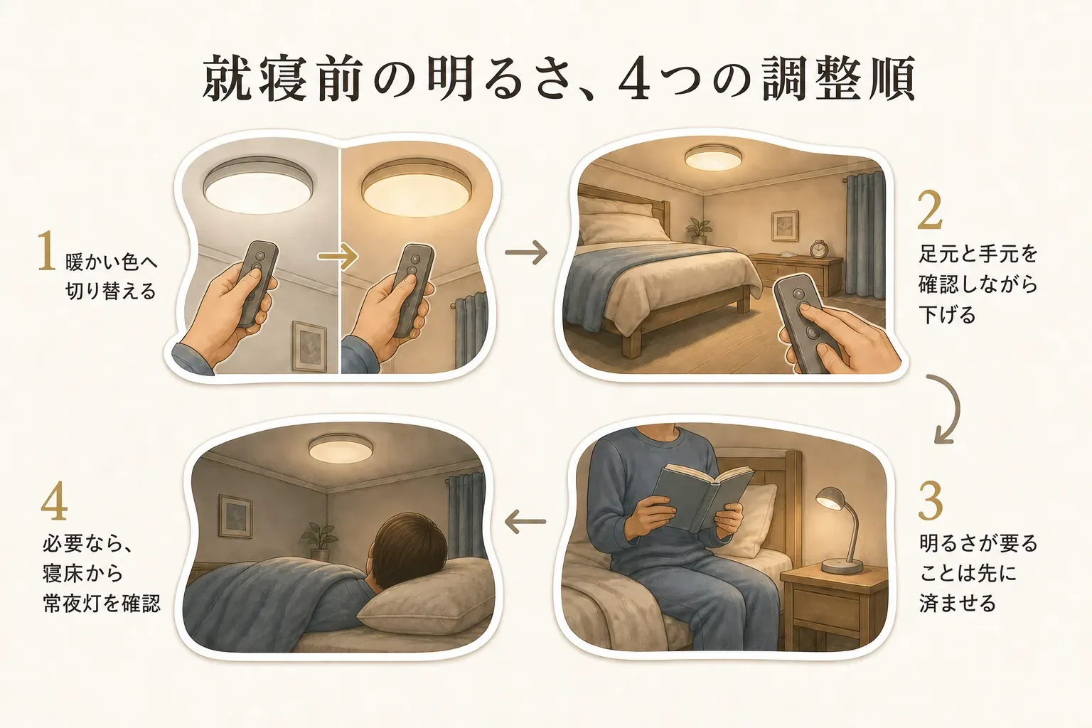 就寝準備が始まったら電球色などの暖かい光へ切り替え、リモコンで一段ずつ暗くしてベッドまでの動きを確認し、明るさが必要な作業は先に済ませ、必要なら寝床から常夜灯のまぶしさを確かめる、就寝前の照明調整4ステップを示した図。出典：厚生労働省「良い目覚めは良い眠りから」