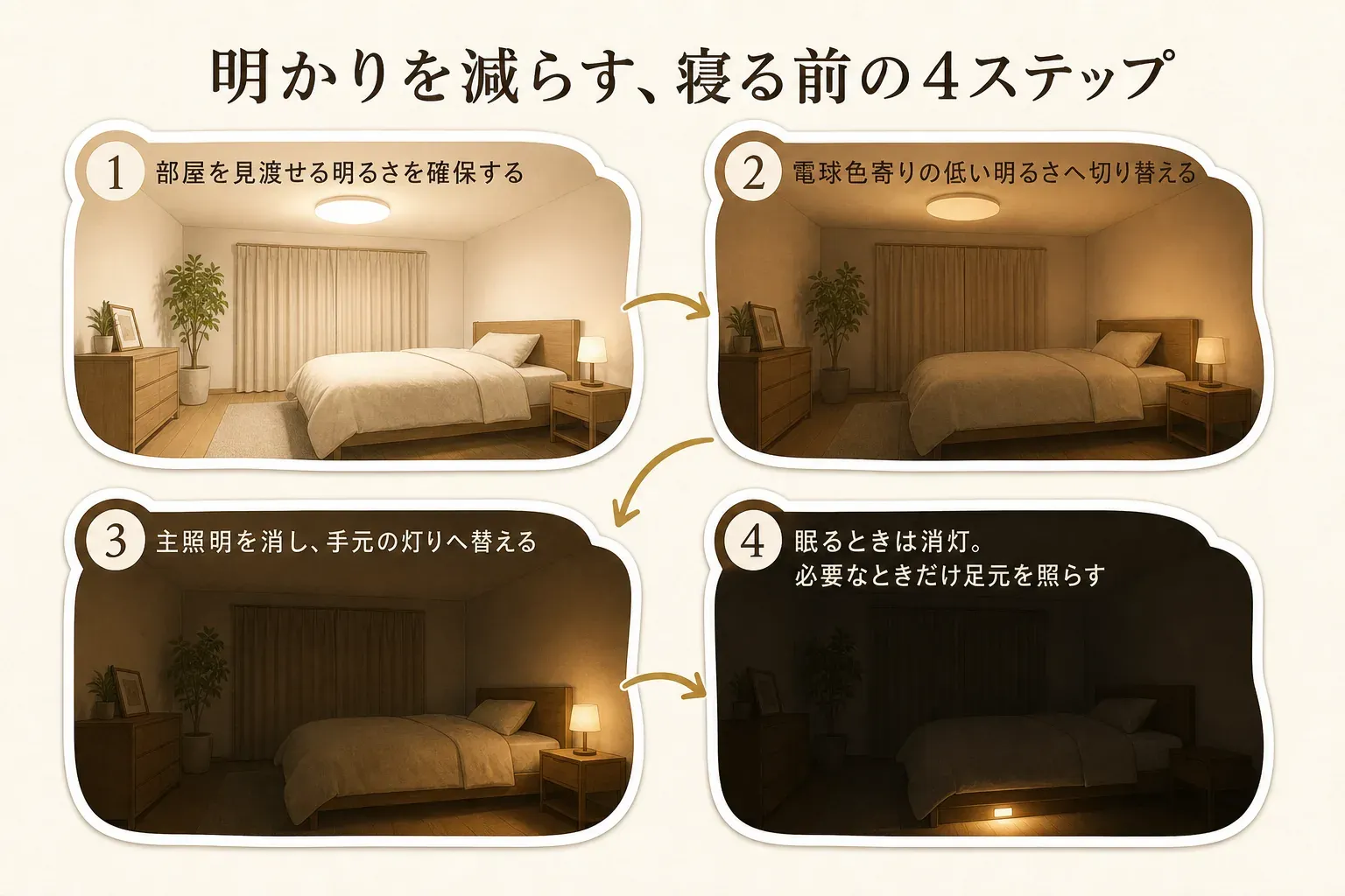 寝る準備まではシーリングライトまたはペンダントライトで部屋を照らし、就寝が近づいたら主照明を電球色寄りの低い明るさに切り替え、ベッドで過ごすときは主照明を消してテーブルライトや間接光へ替え、眠るときは消灯して必要時のみ足元灯を使う、就寝前の照明の使い分け4ステップを示した図。出典：一般社団法人日本照明工業会「サーカディアンリズムとLED照明の調光・調色機能」
