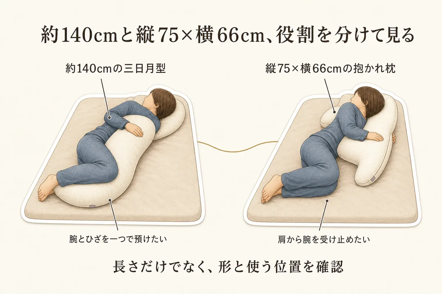横向きで抱き枕を使うときの役割の違いを示した図。約140cmの三日月型は腕とひざを一つで預ける使い方、縦75×横66cmの抱かれ枕は肩から腕を受け止める使い方を示し、長さだけでなく形と使う位置を確認するよう案内している。