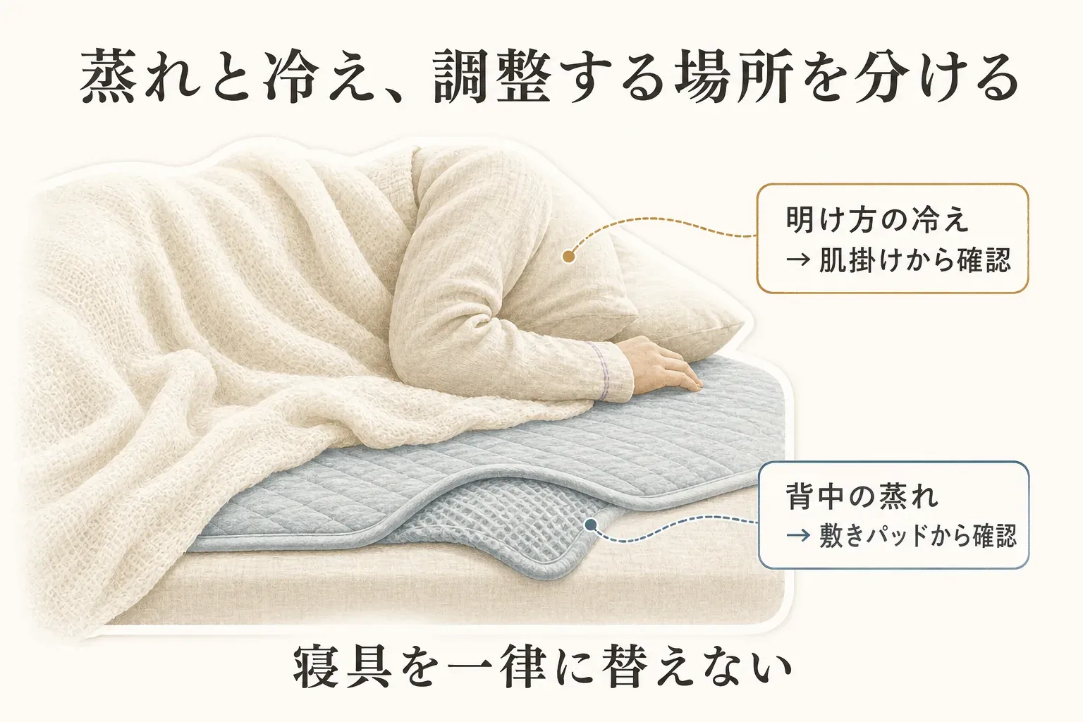 ベッドの図で、背中の蒸れは敷きパッドから、明け方の冷えは肌掛けから確認することを示し、寝具を一式で替えないよう案内した図。