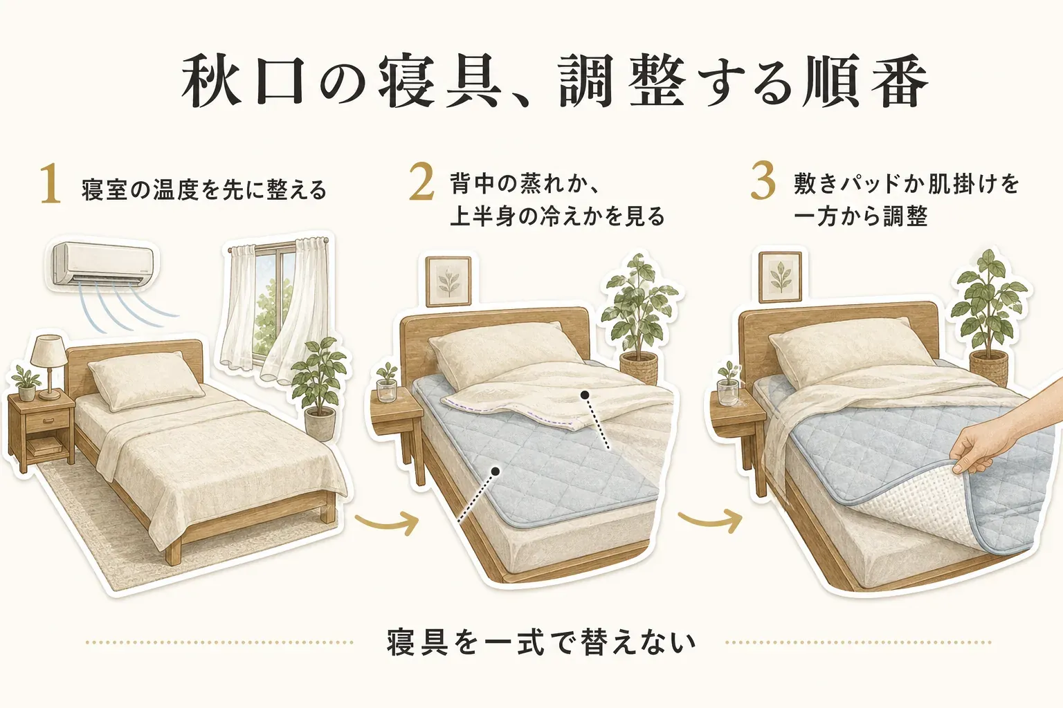 秋口の寝具調整は、1. 寝室の温度を先に整え、2. 背中の蒸れか上半身の冷えかを見て、3. 敷きパッドか肌掛けを一方から調整する3段階を示した図。