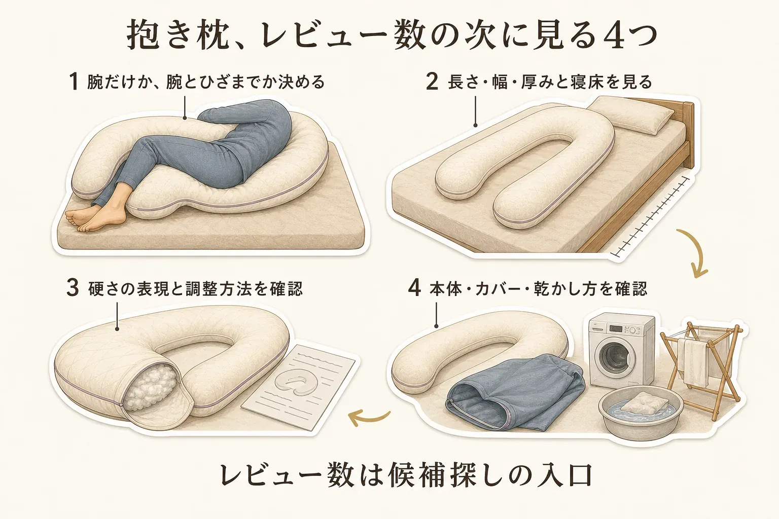 抱き枕はレビュー数の次に、腕だけか腕とひざまで支えるか、長さ・幅・厚みと寝床、硬さの表現と調整方法、本体・カバー・乾かし方を確認する4項目を示した図