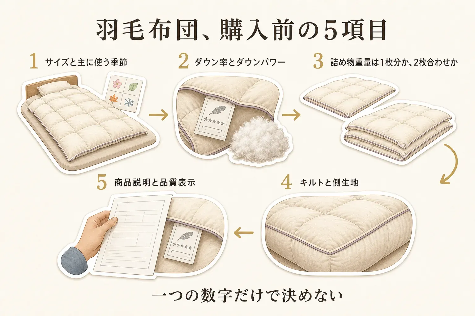羽毛布団を購入する前に確認する、サイズと季節、ダウン率と詰め物重量、ダウンパワー、1枚分か2枚合わせか、キルト・側生地・手入れ方法の五つの確認点を示した図