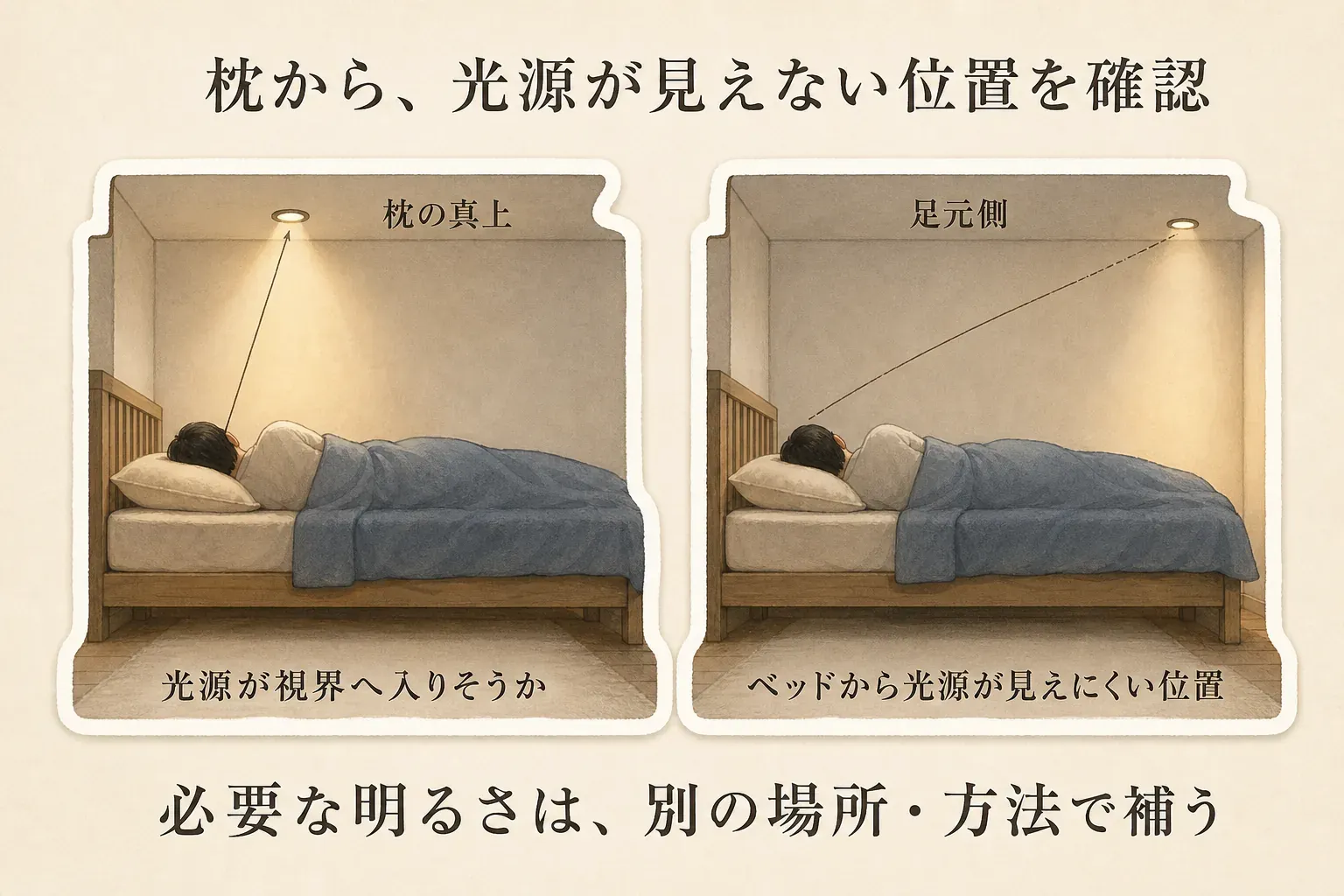 枕の真上にダウンライトがあると横になった人の視界へ光源が入りそうなのに対し、ベッドの足元側に置くと光源が見えにくくなる、寝室のダウンライト位置と枕からの視線を比較した図。必要な明るさは別の場所・方法で補うことを示す。出典：パナソニック「ライフスタイルを考えた、照明器具の選び方」