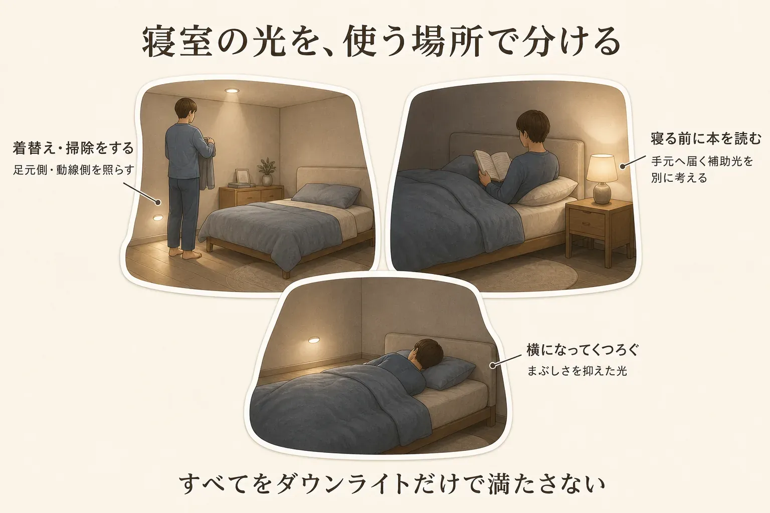 寝室の光を使う場所で分ける図。着替え・掃除では足元側や動線側を照らし、寝る前に本を読むときは手元へ届く補助光を別に考え、横になってくつろぐときはまぶしさを抑えた光を使うことを示す。すべてをダウンライトだけで満たさない考え方を表した図。