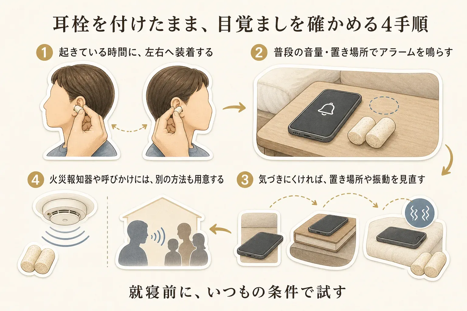 耳栓を付けたまま目覚ましを確認する4手順の図。起きている時間に左右へ耳栓を装着し、普段の音量・置き場所でアラームを鳴らし、気づきにくければ置き場所や振動を見直し、火災報知器や家族の呼びかけには別の方法も用意する流れを示している。