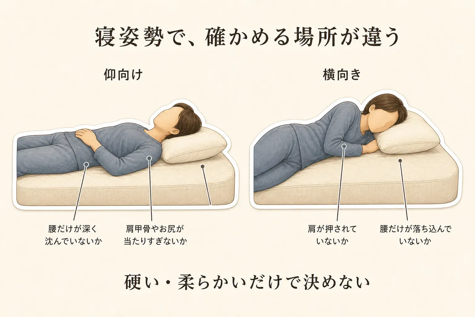 仰向けでは腰だけが深く沈んでいないか、肩甲骨やお尻が当たりすぎないかを、横向きでは肩が押されていないか、腰だけが落ち込んでいないかを確認し、硬い・柔らかいだけで決めないことを示した図。