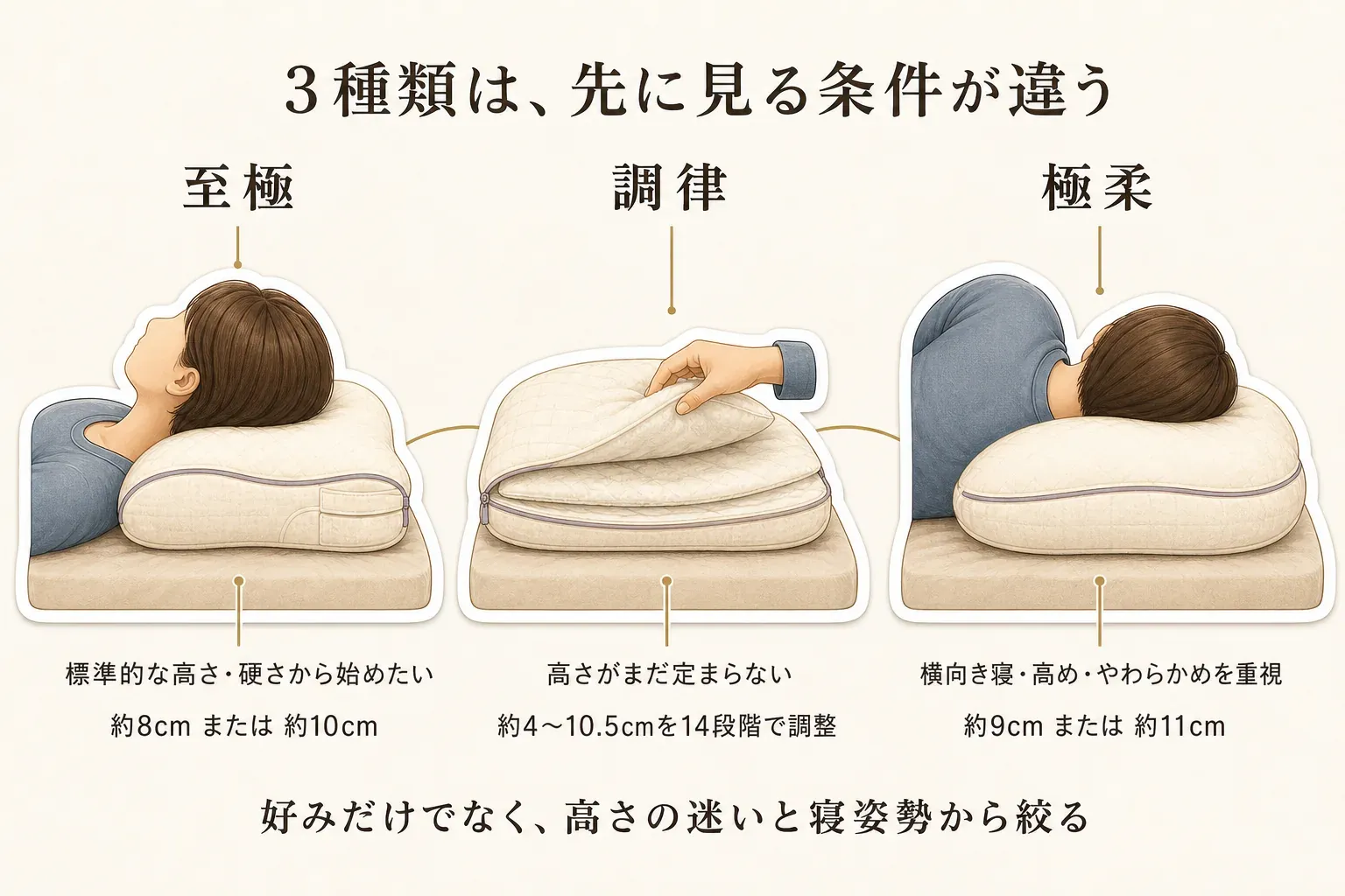 ヒツジのいらない枕の至極・調律・極柔の役割を比較した図。至極は標準的な硬さと約8cmまたは約10cmの固定高さ、調律は約4〜10.5cmを14段階で調整、極柔は約9cmまたは約11cmで大きめ・やわらかめ・横向き寝向けと示している。出典：ヒツジのいらない枕メーカー公式比較・FAQ