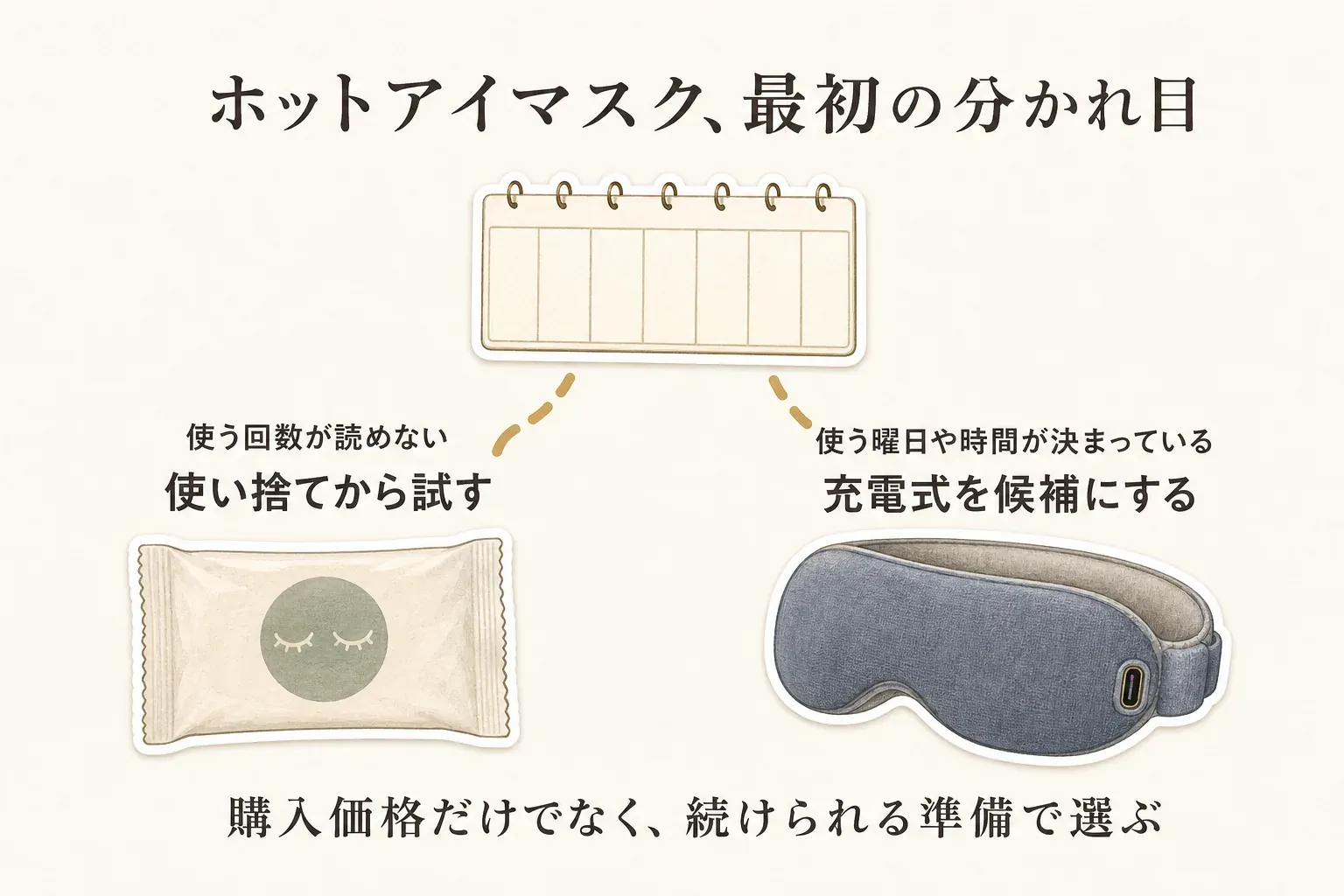 ホットアイマスクを最初に選ぶ分かれ目を示した図。使う回数が読めない場合は使い捨てから試し、使う曜日や時間が決まっている場合は充電式を候補にする。購入価格だけでなく、続けられる準備で選ぶことを示している。