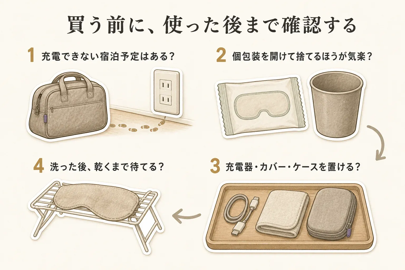 ホットアイマスクを買う前の確認項目を示す図。充電できない宿泊予定があるか、個包装を開けて捨てるほうが気楽か、充電器・カバー・ケースを置けるか、洗ったカバーが乾くまで待てるかの4点を確認する。