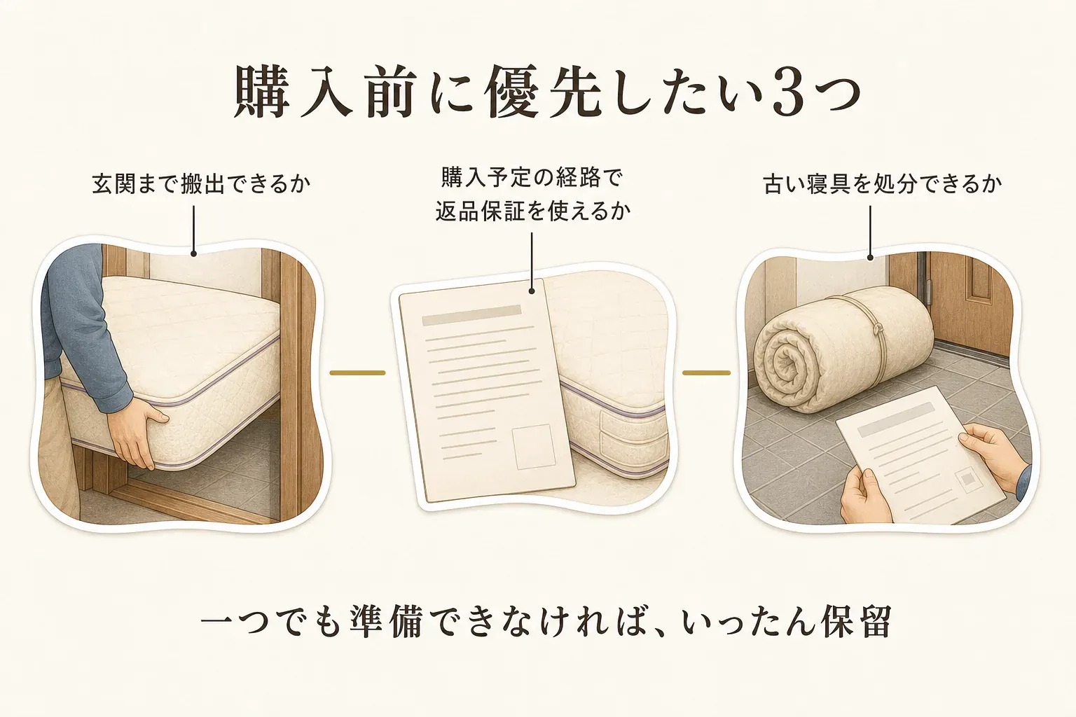 マットレスを購入する前に、返品時に玄関まで搬出できるか、購入予定の経路で返品保証を利用できるか、古い寝具を処分できるかの3点を確認し、一つでも準備できなければ購入をいったん保留することを示した図