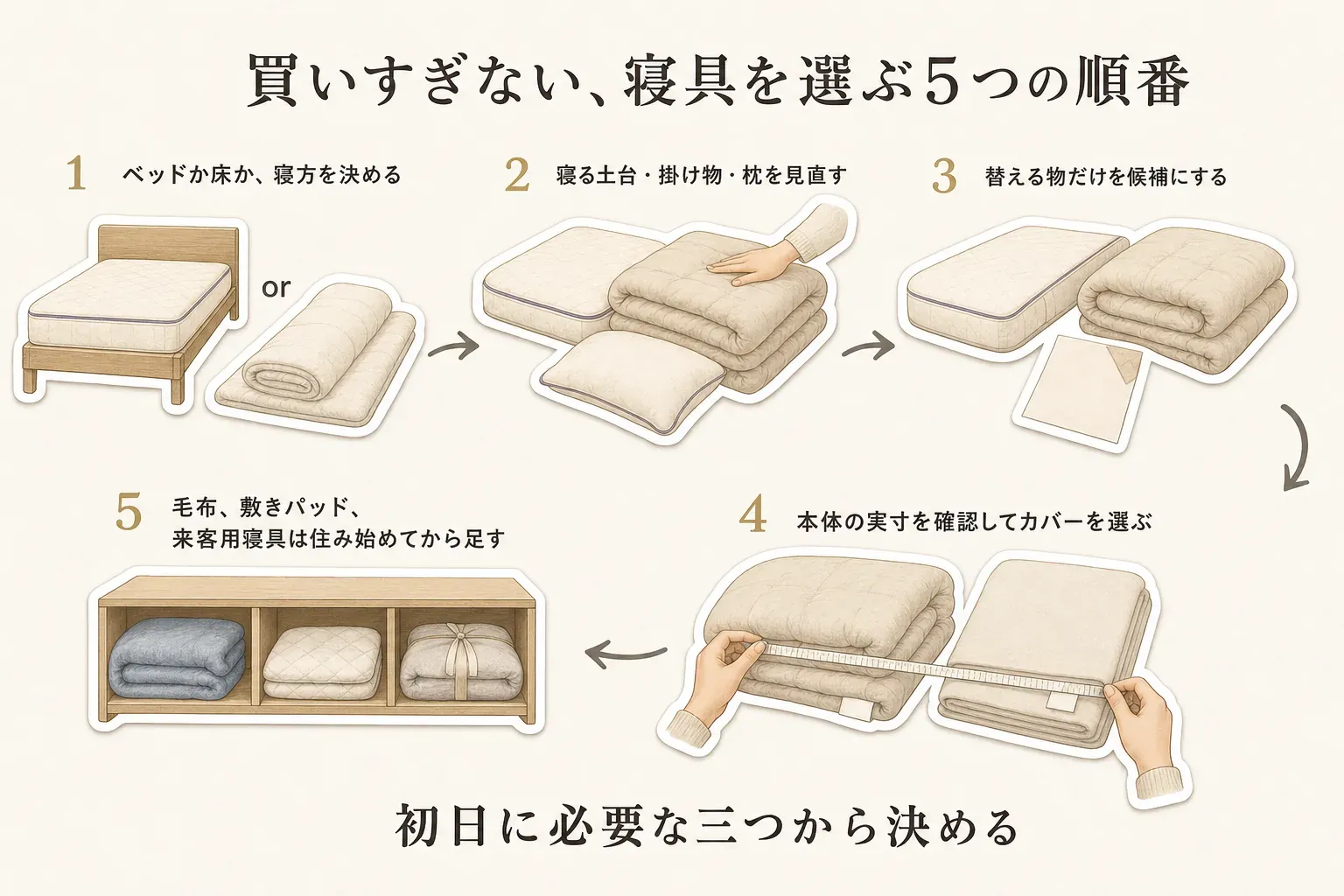 買いすぎない新生活の寝具選びとして、ベッドか床かの寝方を決め、寝る土台・掛け物・枕を見直し、替える物だけを候補にし、本体の実寸を確認してカバーを選び、毛布・敷きパッド・来客用寝具は住み始めてから足す5つの順番を示した図