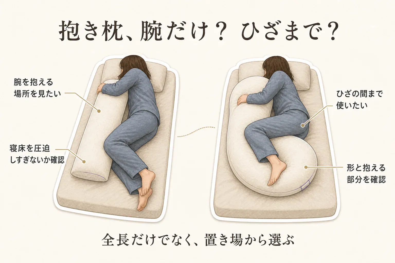 横向き寝の抱き枕の選び方。腕を抱える場所だけが必要な場合は寝床を圧迫しすぎないかを確認し、ひざの間まで使いたい場合は形と実際に抱える部分を確認する。全長だけでなく置き場から選ぶことを示した図。