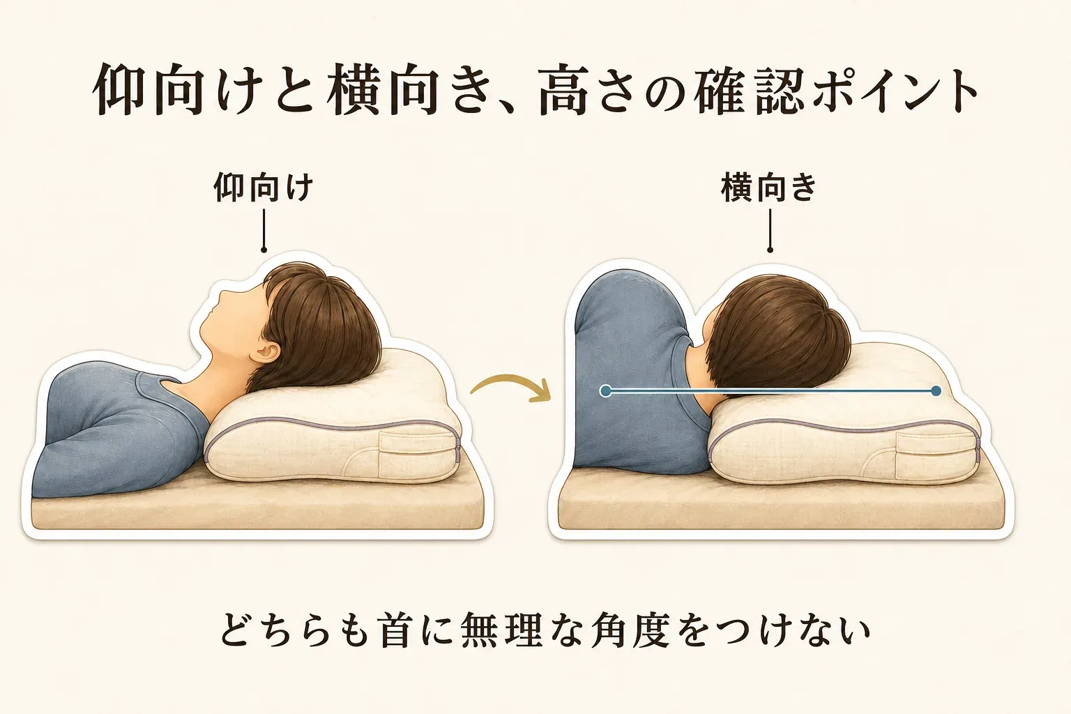仰向けと横向きで枕を使う人を並べ、どちらの姿勢でも首に無理な角度をつけないよう高さを確認するポイントを示した図。