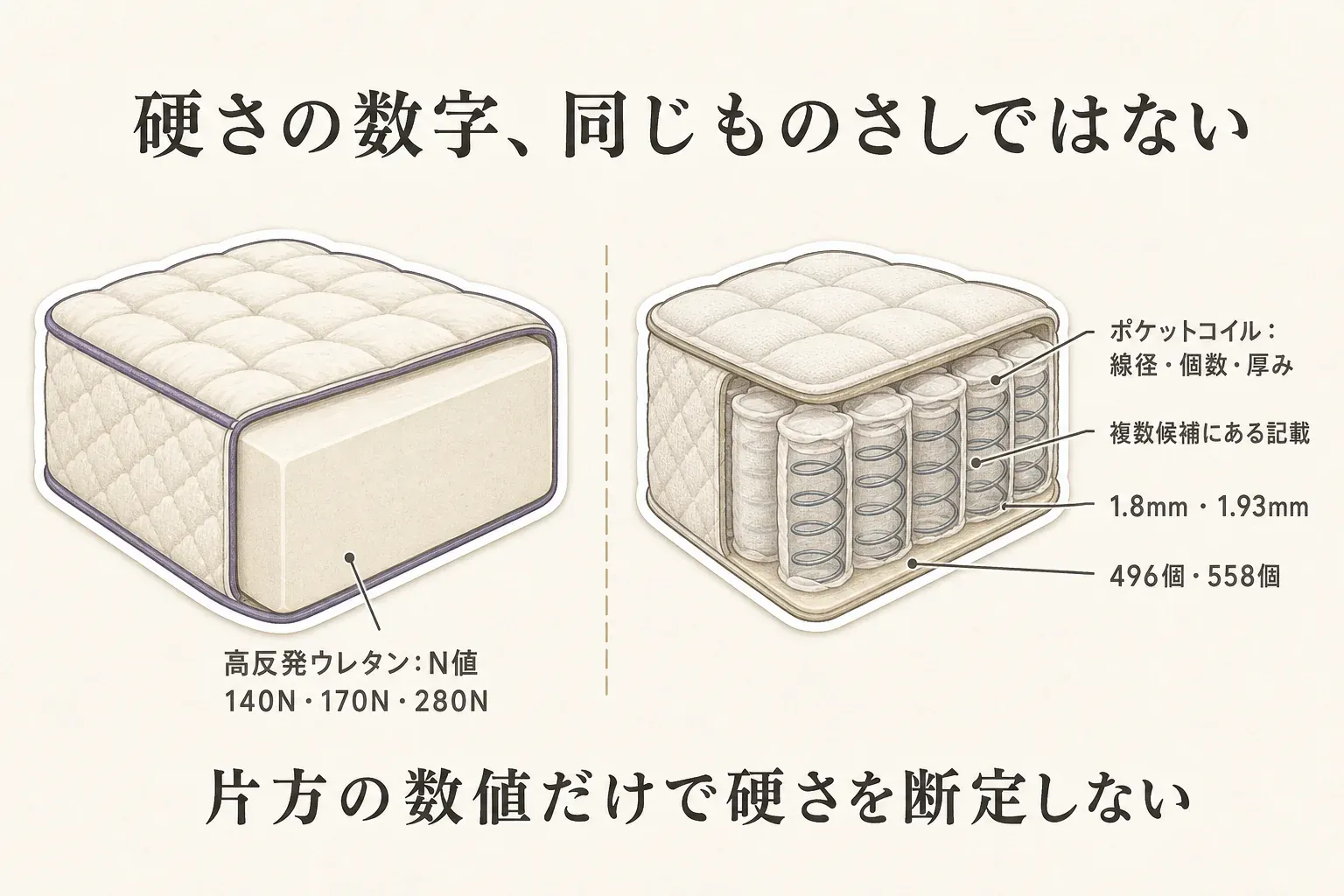 高反発ウレタンは140N・170N・280NなどのN値、ポケットコイルは線径・個数・厚みなど、硬さを判断する仕様が異なるため、片方の数値だけで硬さを断定しないことを示した図