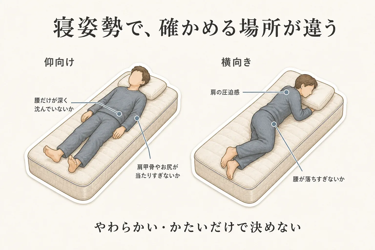 マットレスで仰向けになったときは腰だけが深く沈まず肩甲骨やお尻が当たりすぎないか、横向きになったときは肩の圧迫感と腰の落ちすぎを確認することを示した図