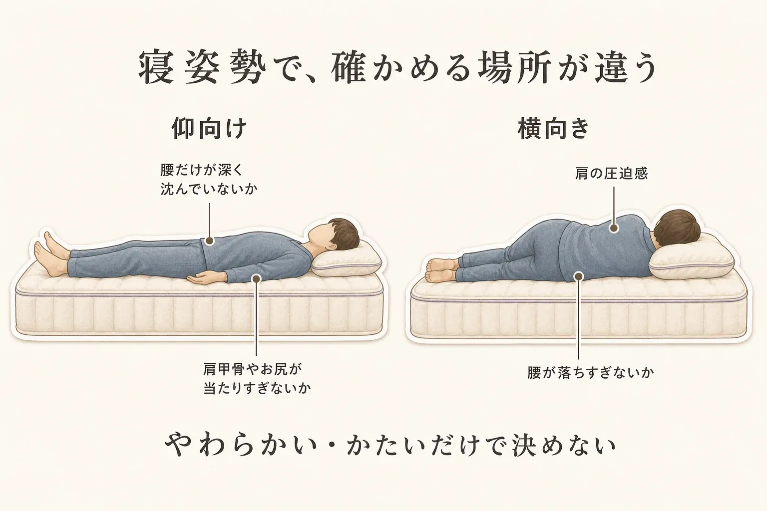 マットレスで仰向けになったときは腰だけが深く沈まず肩甲骨やお尻が当たりすぎないか、横向きになったときは肩の圧迫感と腰の落ちすぎを確認し、やわらかい・かたいだけで決めないことを示した図