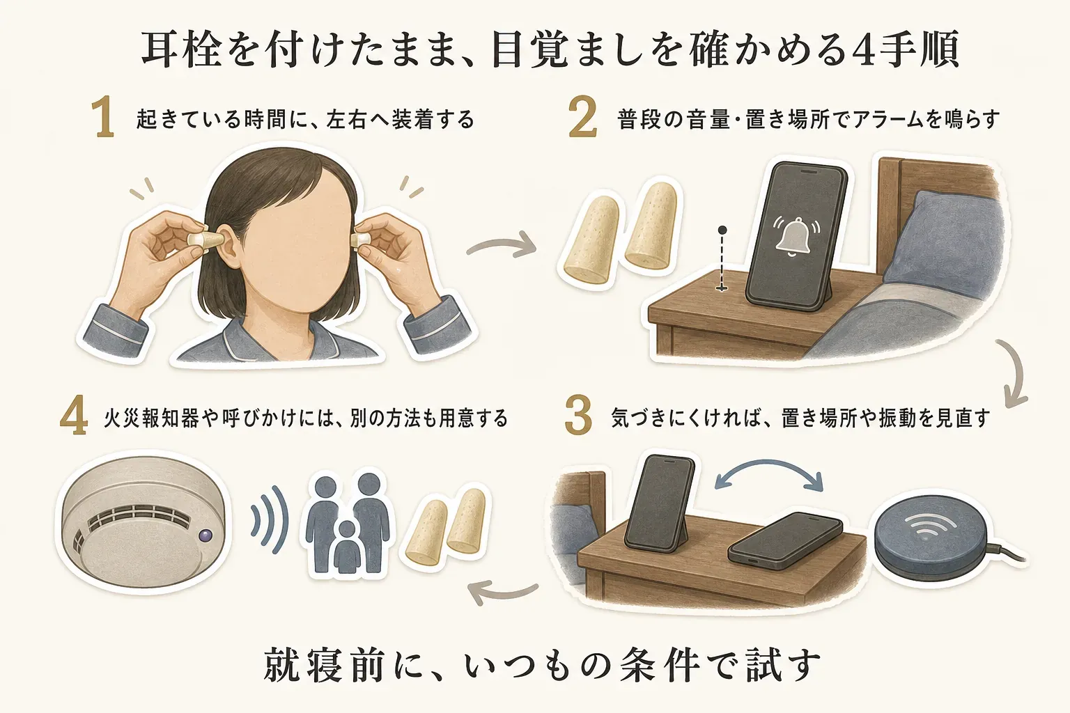 耳栓を付けたまま目覚ましを確認する4手順の図。起きている時間に左右へ装着し、普段の音量・置き場所でアラームを鳴らし、気づきにくければ置き場所や振動を見直し、火災報知器や家族・子どもの呼びかけには別の方法も用意する流れを示している。