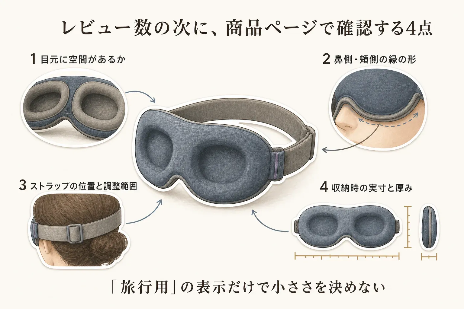 レビュー数の次に商品ページで確認する4点を示した図。立体型アイマスクについて、目元に空間があるか、鼻側・頬側の縁の形、ストラップの位置と調整範囲、収納時の実寸と厚みを、アイマスクと着用例のイラストで示している。