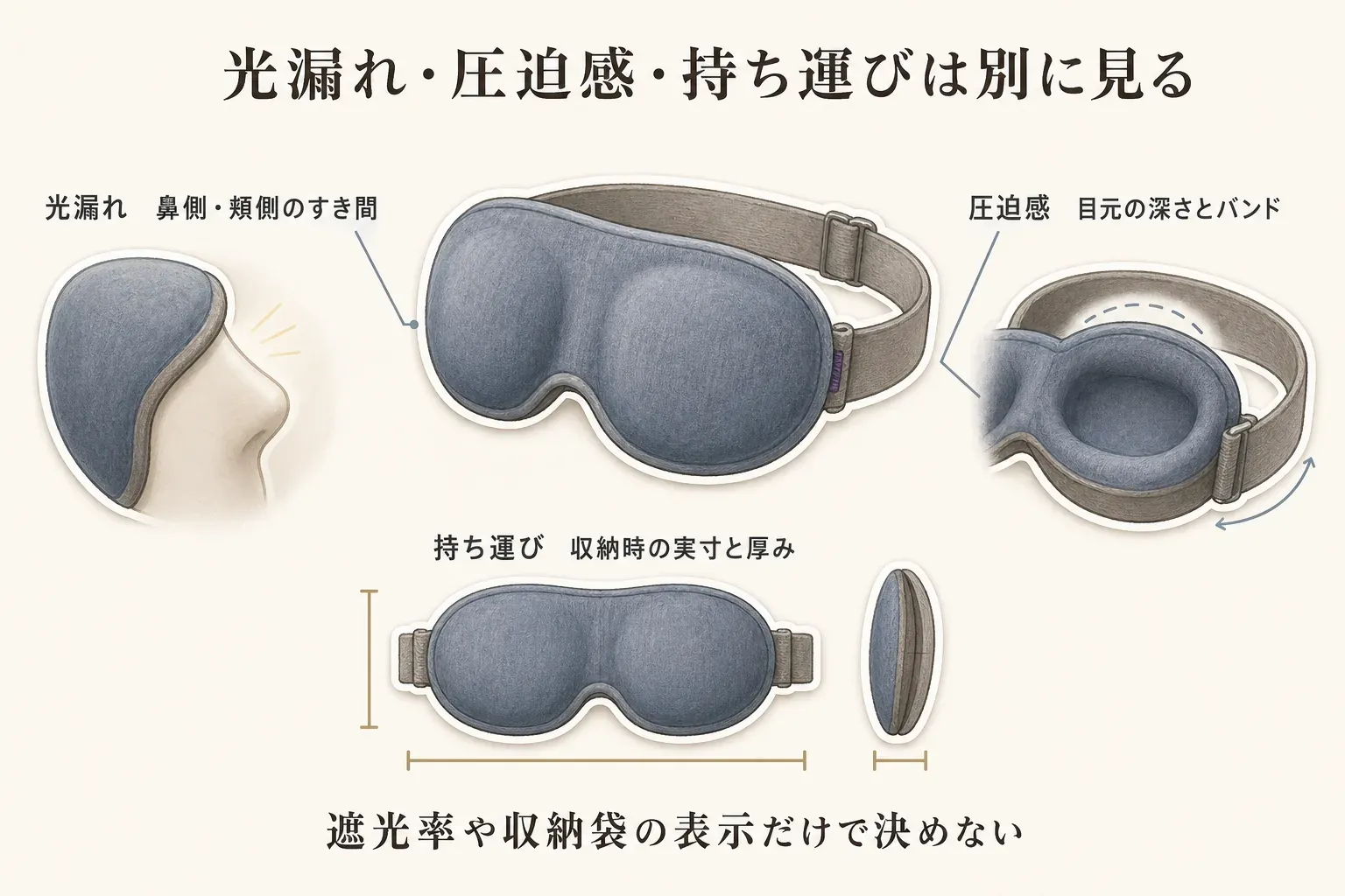 旅行用アイマスクは光漏れ・圧迫感・持ち運びを別々に確認することを示した図。光漏れは鼻側・頬側のすき間、圧迫感は目元の深さとバンド、持ち運びは収納時の実寸と厚みを確認し、遮光率や収納袋の表示だけで決めないよう案内している。