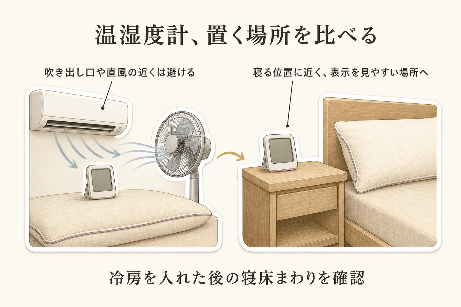 温湿度計の置き場所として、エアコンの吹き出し口や扇風機の直風が当たる場所を避け、ベッド脇の寝る位置に近く表示を見やすい場所へ置くことを比較した図。