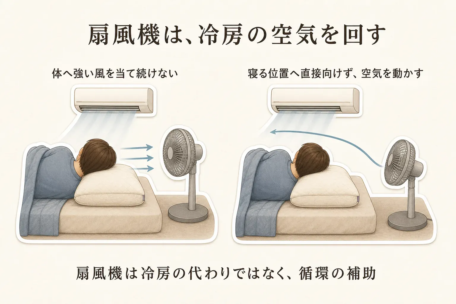 扇風機を寝ている人へ強く直接当て続ける使い方と、寝る位置に直接向けずエアコンの冷気を部屋に循環させる使い方を比較し、扇風機は冷房の代わりではなく循環の補助であることを示した図。