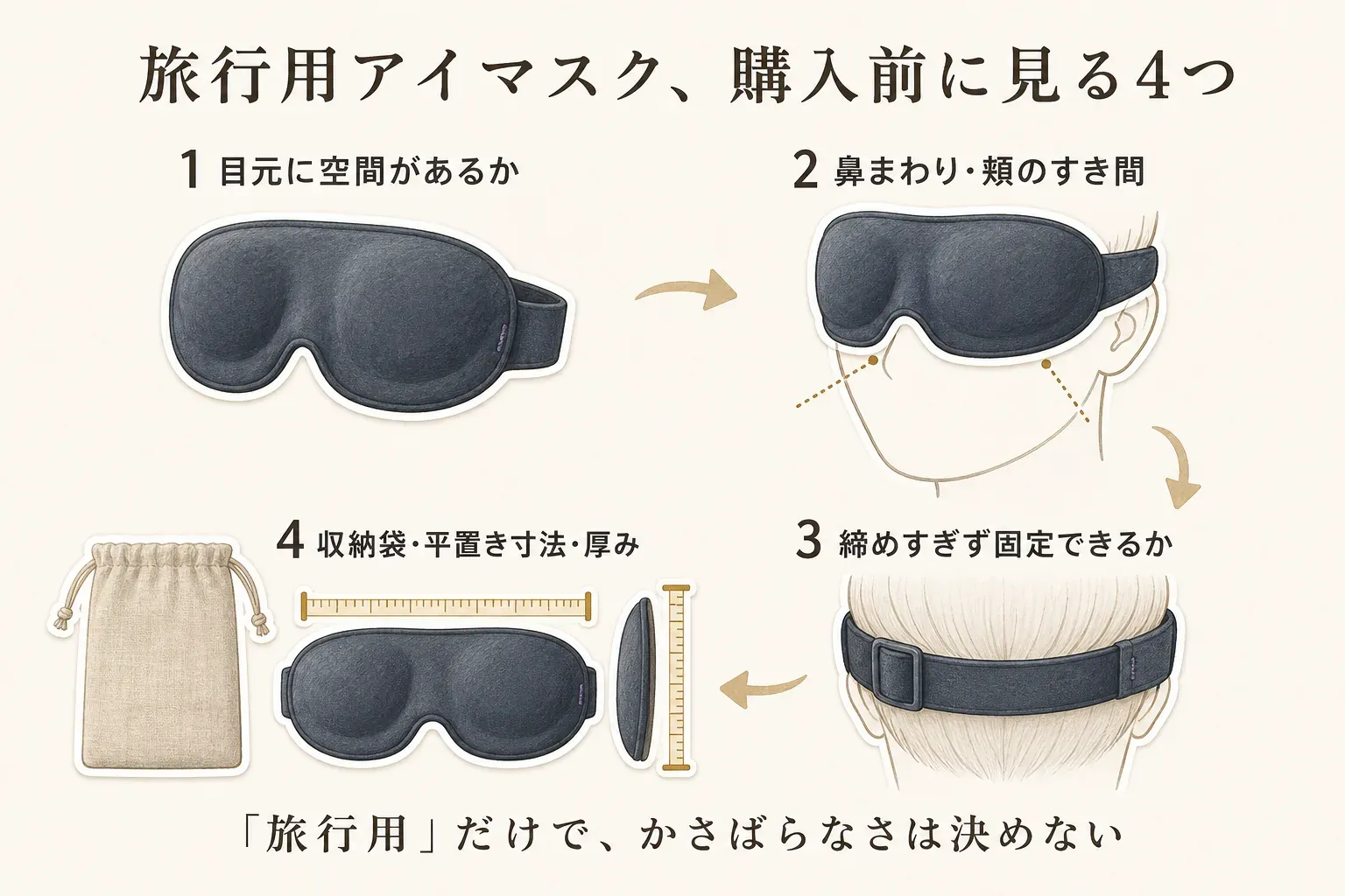旅行用アイマスクの購入前に、目元に空間があるか、鼻まわり・頬にすき間がないか、締めすぎず固定できるか、収納袋・平置き寸法・厚みを確認する4項目を、アイマスクと収納袋の図で示したインフォグラフィック。