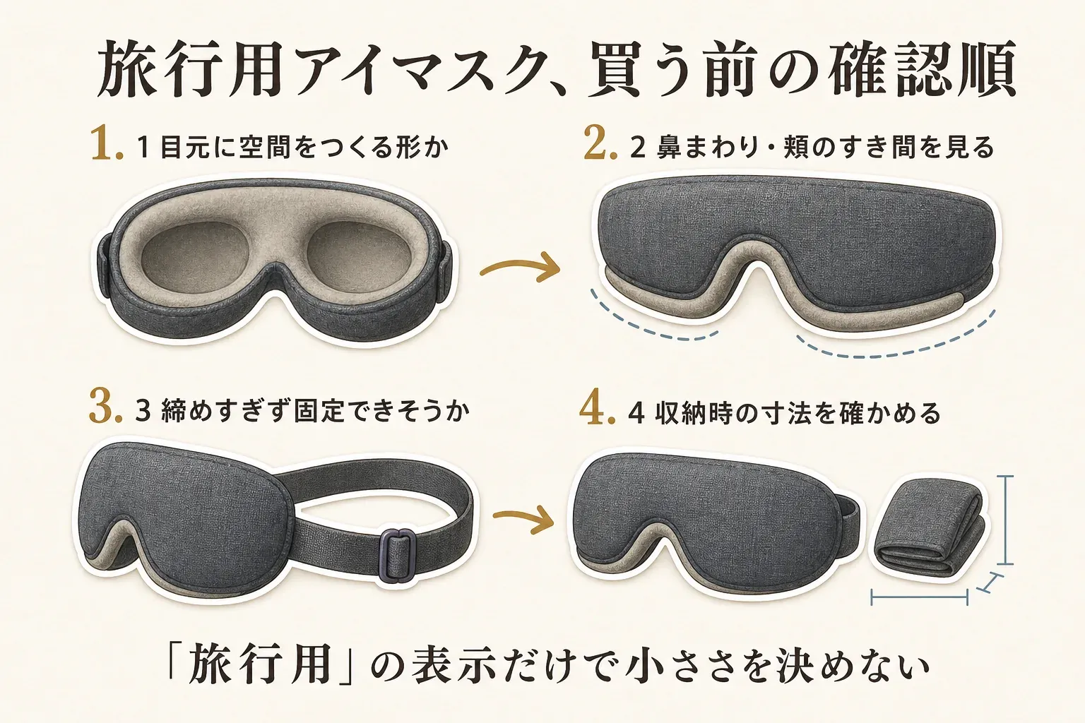 旅行用アイマスクを買う前に、目元に空間をつくる形、鼻まわり・頬のすき間、締めすぎず固定できるか、収納時の寸法の順に確認し、「旅行用」の表示だけで小ささを決めないことを示したインフォグラフィック。