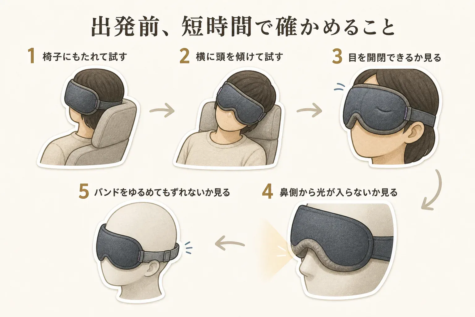 旅行用アイマスクを出発前に短時間試す手順として、椅子にもたれ、横に頭を傾け、目を開閉できるか、鼻側から光が入らないか、バンドをゆるめてもずれないかを確認する5ステップを示したインフォグラフィック。