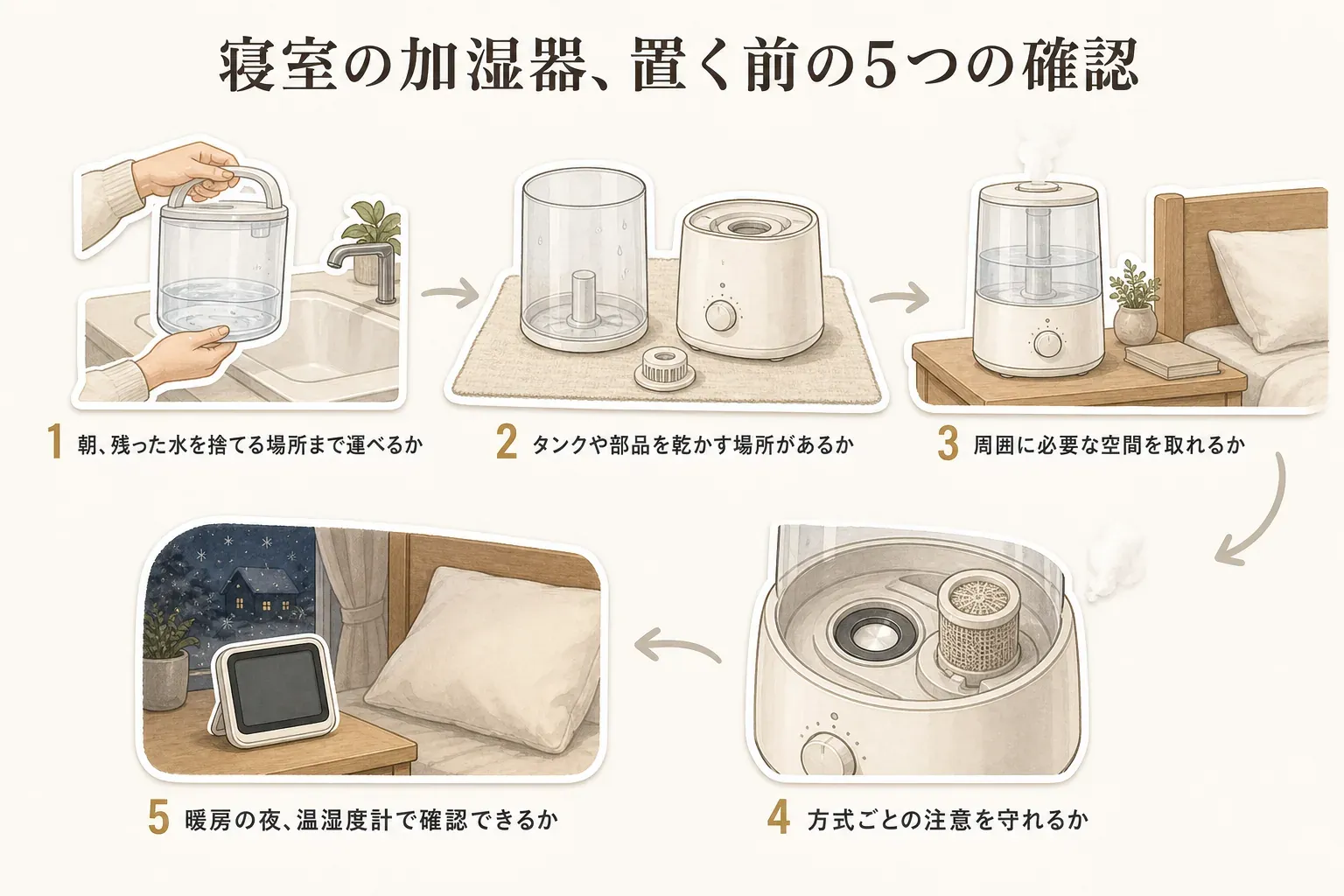 寝室に加湿器を置く前に、朝に残った水を捨てる場所まで運べるか、タンクや部品を乾かす場所があるか、周囲に必要な空間を取れるか、方式ごとの注意を守れるか、暖房を使う夜に温湿度計で確認できるかという5項目を示した図。